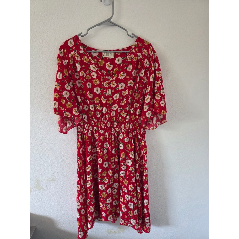 Just Found Red Floral V-Neck Smocked Waist Rayon Dress Plus Size 3X PDW5518